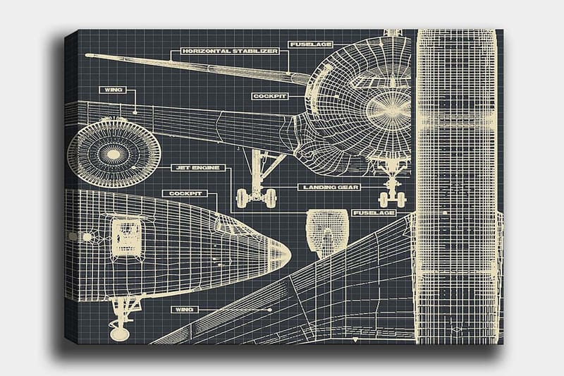 Lerretsbilde 70x100 cm - Teknisk tegning av et fly med detaljerte komponenter, Mørk blå / Lys beige