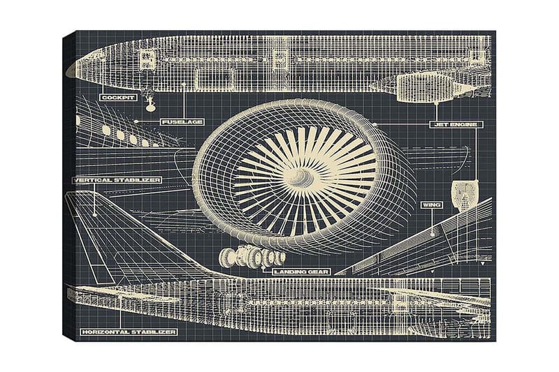 Lerretsbilde 70x100 cm - Teknisk tegning av et fly med fokus på motor og vinger, Mørk blå / Beige
