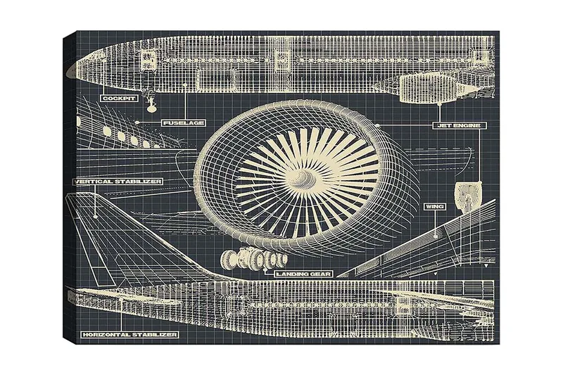 Lerretsbilde 70x100 cm - Teknisk tegning av et fly med fokus på motor og vinger, Mørk blå / Beige