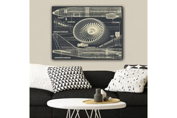 Lerretsbilde 70x100 cm - Teknisk tegning av et fly med fokus på motor og vinger - Mørk blå / Beige - Interiør - Maleri & posters - Lerretsbilder