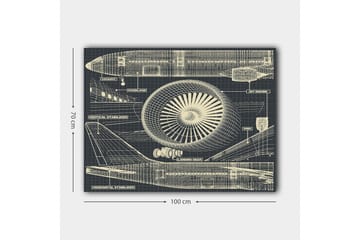 Lerretsbilde 70x100 cm - Teknisk tegning av et fly med fokus på motor og vinger - Mørk blå / Beige - Interiør - Maleri & posters - Lerretsbilder