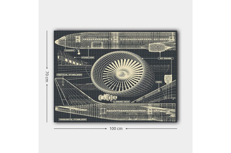 Lerretsbilde 70x100 cm - Teknisk tegning av et fly med fokus på motor og vinger - Mørk blå / Beige - Interiør - Maleri & posters - Lerretsbilder