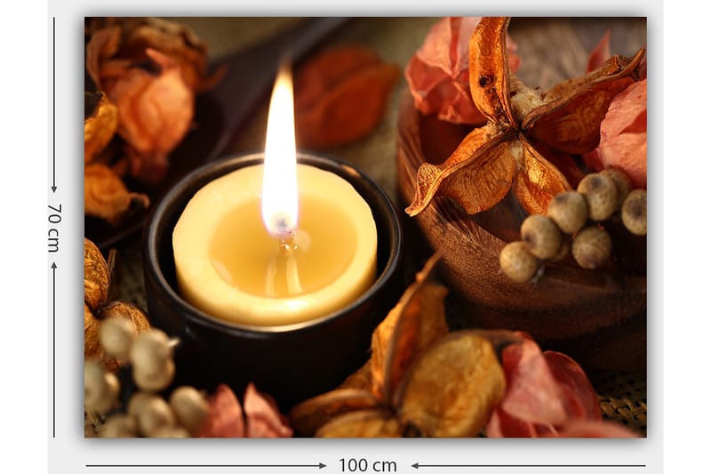 Lerretsbilde 70x100 cm - Tent lyslykt omgitt av tørkede blomster og frø - Gul / Oransje / Brun - Interiør - Maleri & posters - Lerretsbilder