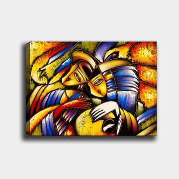 Lerretsbilde 70x100 cm - To abstrakte figurer som omfavner hverandre i en emosjonell komposisjon - Gul / Blå / Rød - Interiør - Maleri & posters - Lerretsbilder