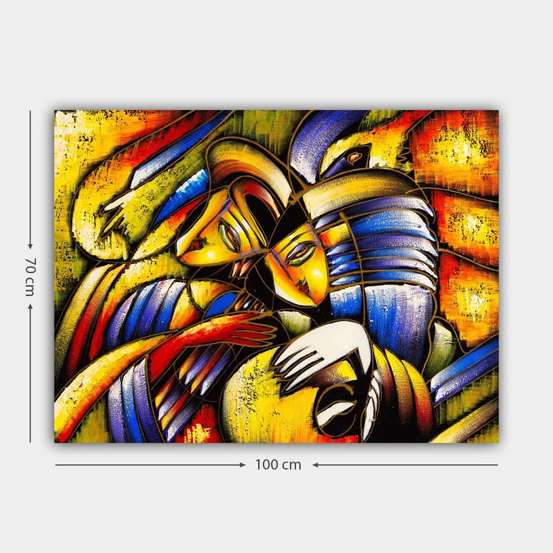 Lerretsbilde 70x100 cm - To abstrakte figurer som omfavner hverandre i en emosjonell komposisjon - Gul / Blå / Rød - Interiør - Maleri & posters - Lerretsbilder