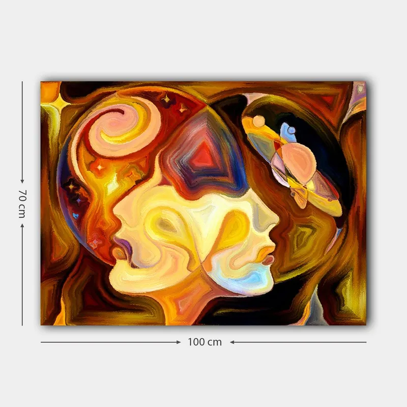 Lerretsbilde 70x100 cm - To ansikter i profil forent i en abstrakt komposisjon med elementer av rom - Gull / Oransje / Brun - Interiør - Maleri & posters - Lerretsbilder