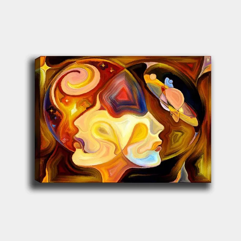 Lerretsbilde 70x100 cm - To ansikter i profil forent i en abstrakt komposisjon med elementer av rom, Gull / Oransje / Brun