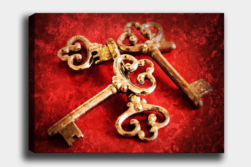 Lerretsbilde 70x100 cm - To antikke nøkler med dekorative detaljer på rød bakgrunn, Gull / Rød