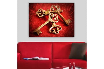 Lerretsbilde 70x100 cm - To antikke nøkler med dekorative detaljer på rød bakgrunn - Gull / Rød - Interiør - Maleri & posters - Lerretsbilder