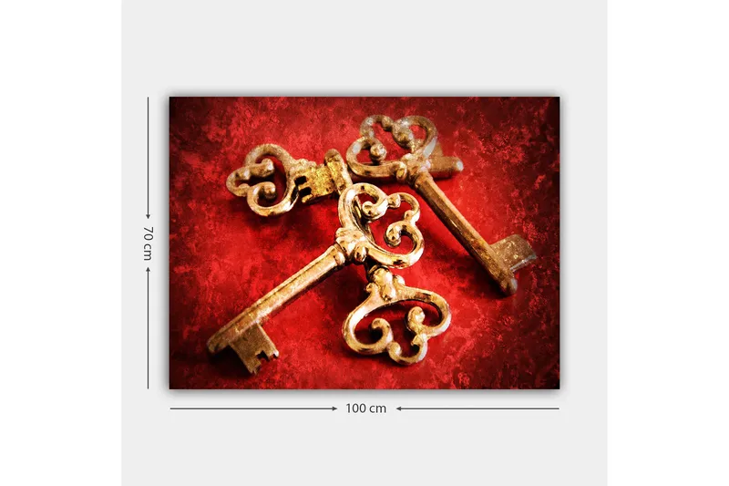 Lerretsbilde 70x100 cm - To antikke nøkler med dekorative detaljer på rød bakgrunn - Gull / Rød - Interiør - Maleri & posters - Lerretsbilder