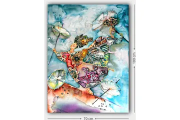 Lerretsbilde 70x100 cm - To dansende figurer med paraplyer i en fargerik og livlig komposisjon - Blå / Oransje / Grønn - Interiør - Maleri & posters - Lerretsbilder