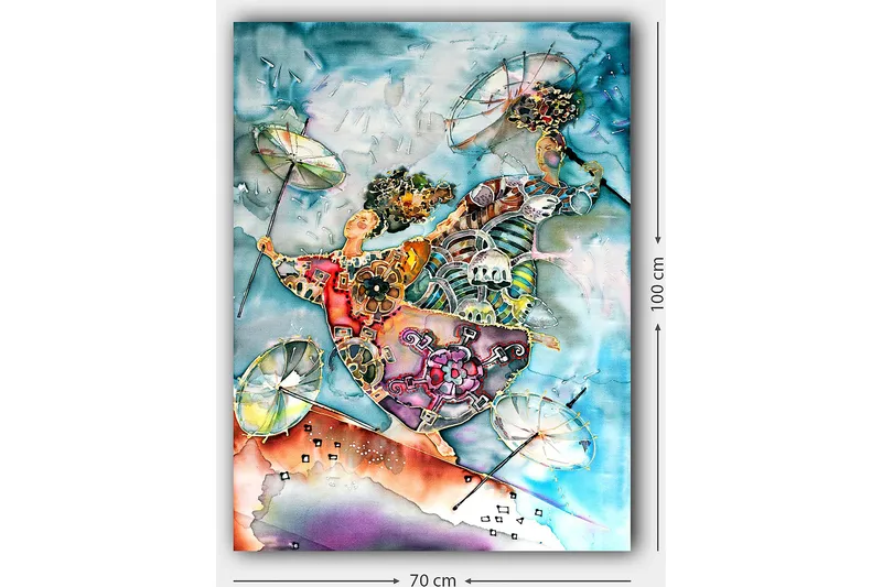 Lerretsbilde 70x100 cm - To dansende figurer med paraplyer i en fargerik og livlig komposisjon - Blå / Oransje / Grønn - Interiør - Maleri & posters - Lerretsbilder