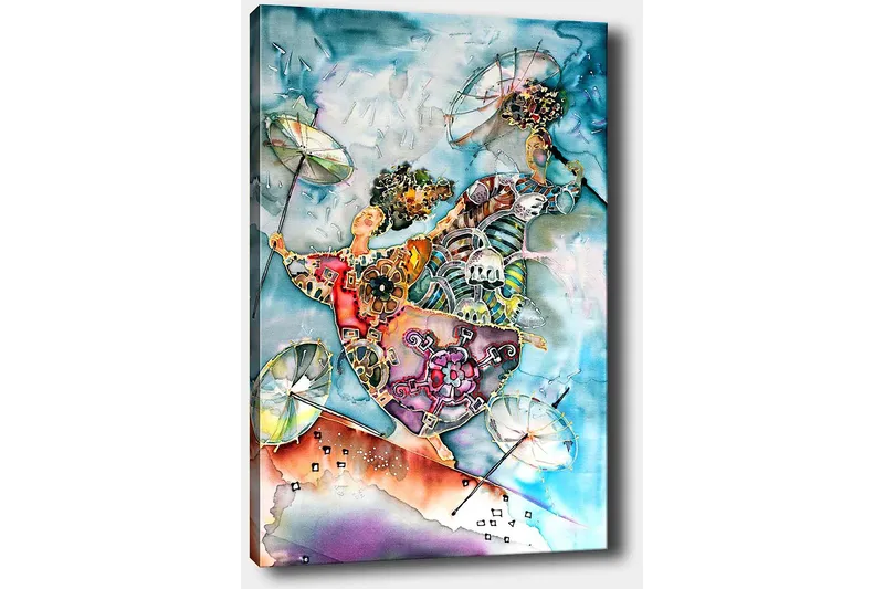 Lerretsbilde 70x100 cm - To dansende figurer med paraplyer i en fargerik og livlig komposisjon - Blå / Oransje / Grønn - Interiør - Maleri & posters - Lerretsbilder