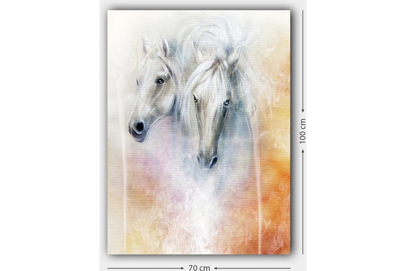 Lerretsbilde 70x100 cm - To elegante hester som fremstår i en myk og drømmeaktig komposisjon - Hvit / Lys grå / Oransje - Interiør - Maleri & posters - Lerretsbilder
