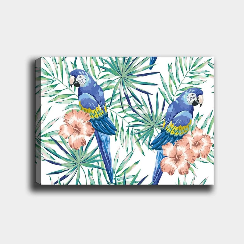 Lerretsbilde 70x100 cm - To fargerike papegøyer omgitt av tropiske planter og blomster, Blå / Grønn / Rosa