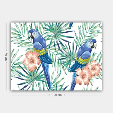 Lerretsbilde 70x100 cm - To fargerike papegøyer omgitt av tropiske planter og blomster - Blå / Grønn / Rosa - Interiør - Maleri & posters - Lerretsbilder