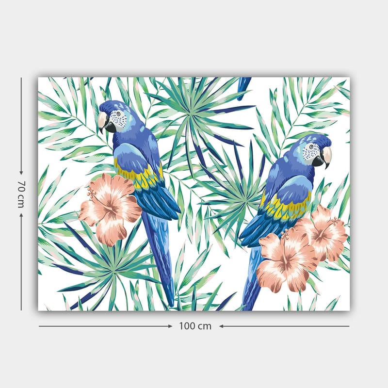 Lerretsbilde 70x100 cm - To fargerike papegøyer omgitt av tropiske planter og blomster - Blå / Grønn / Rosa - Interiør - Maleri & posters - Lerretsbilder