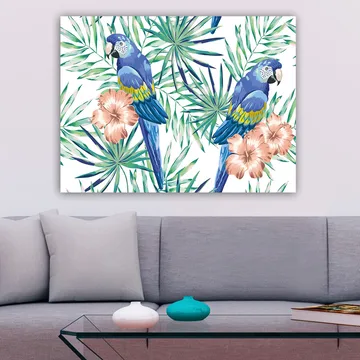 Lerretsbilde 70x100 cm - To fargerike papegøyer omgitt av tropiske planter og blomster - Blå / Grønn / Rosa - Interiør - Maleri & posters - Lerretsbilder