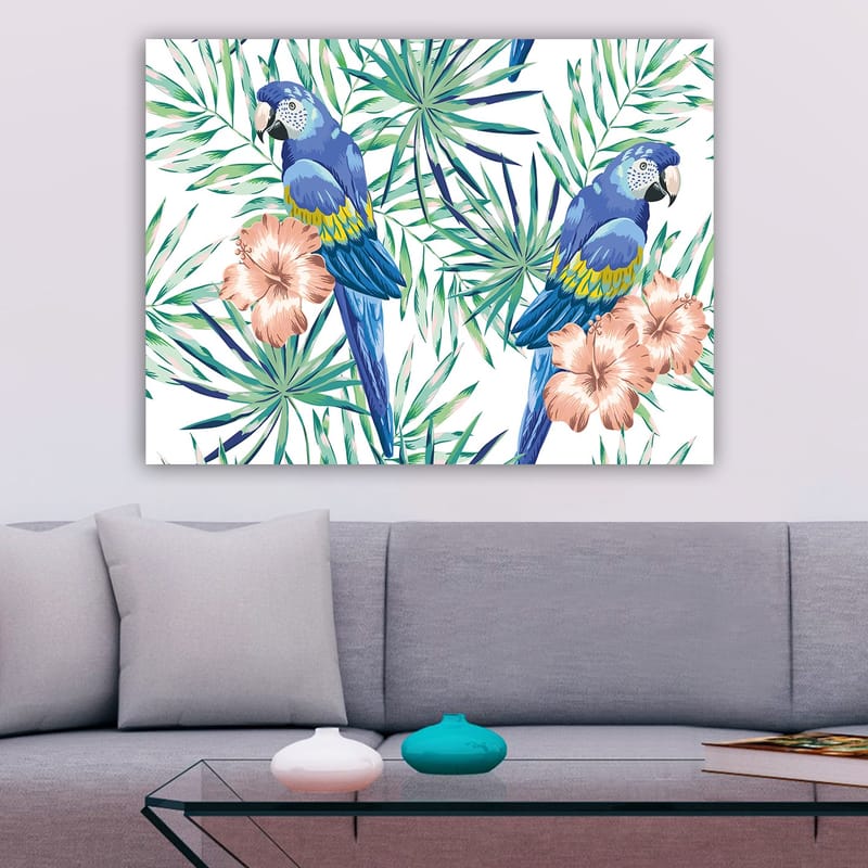 Lerretsbilde 70x100 cm - To fargerike papegøyer omgitt av tropiske planter og blomster - Blå / Grønn / Rosa - Interiør - Maleri & posters - Lerretsbilder