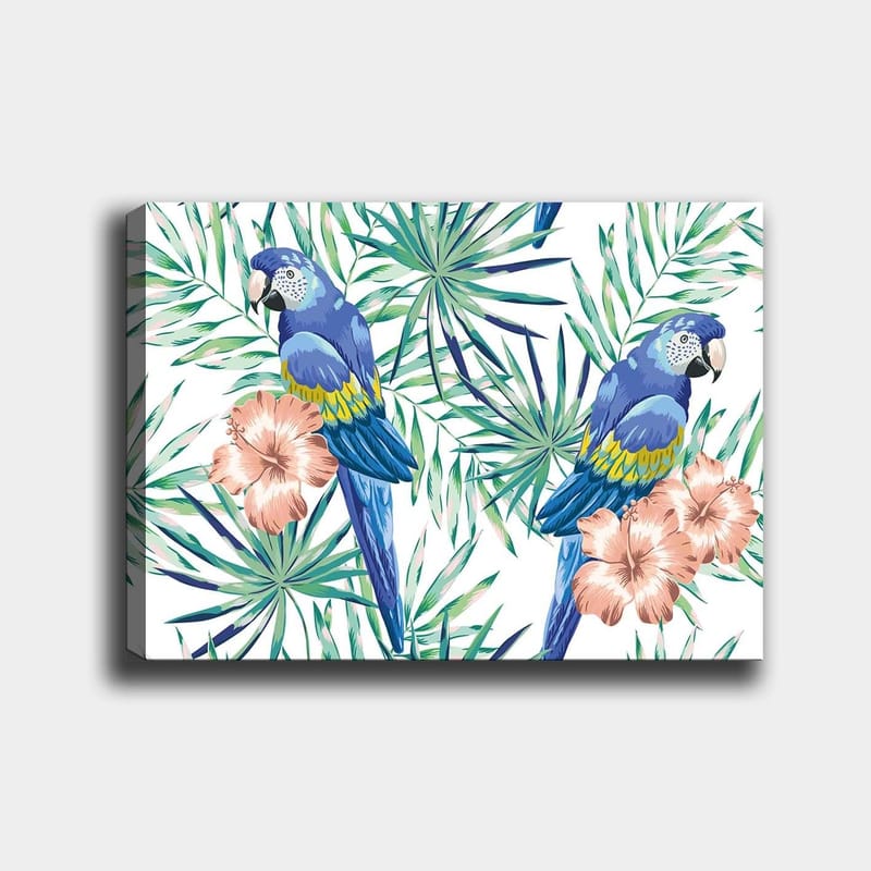 Lerretsbilde 70x100 cm - To fargerike papegøyer omgitt av tropiske planter og blomster, Blå / Grønn / Rosa