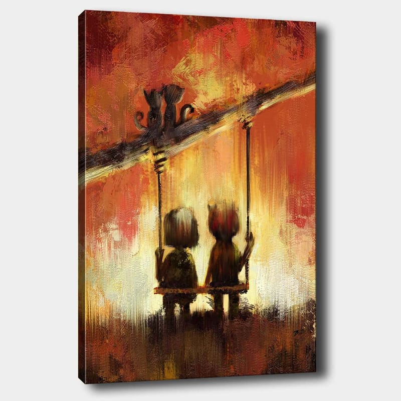 Lerretsbilde 70x100 cm - To figurer som sitter på en huske under en varm, fargerik himmel, Rød / Oransje / Gul