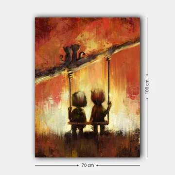 Lerretsbilde 70x100 cm - To figurer som sitter på en huske under en varm, fargerik himmel - Rød / Oransje / Gul - Interiør - Maleri & posters - Lerretsbilder