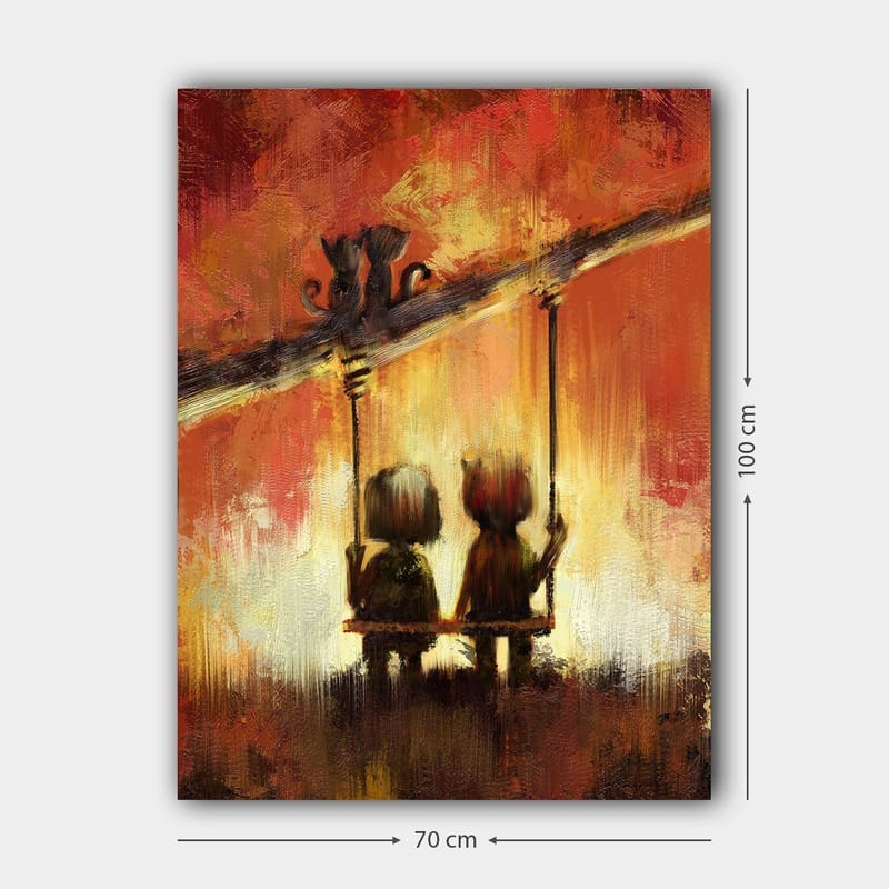 Lerretsbilde 70x100 cm - To figurer som sitter på en huske under en varm, fargerik himmel - Rød / Oransje / Gul - Interiør - Maleri & posters - Lerretsbilder