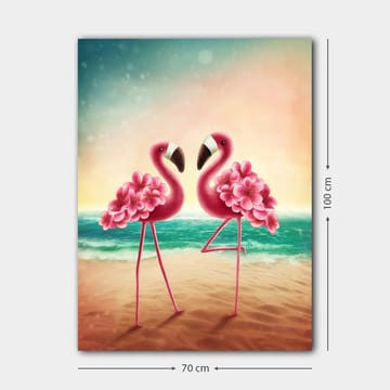 Lerretsbilde 70x100 cm - To flamingoer med blomster som står på en strand ved sjøen - Rosa / Turkis / Beige - Interiør - Maleri & posters - Lerretsbilder