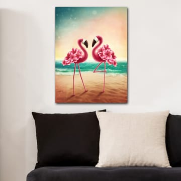 Lerretsbilde 70x100 cm - To flamingoer med blomster som står på en strand ved sjøen - Rosa / Turkis / Beige - Interiør - Maleri & posters - Lerretsbilder