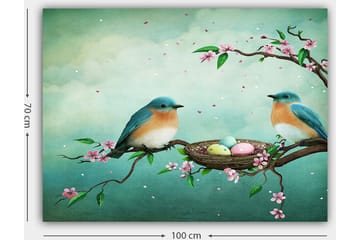 Lerretsbilde 70x100 cm - To fugler som sitter på en gren ved siden av et rede med egg, omgitt av blomster - Turkis / Aprikos / Rosa - Interiør - Maleri & posters - Lerretsbilder