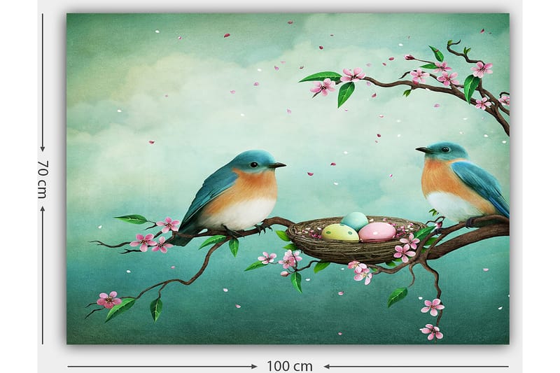 Lerretsbilde 70x100 cm - To fugler som sitter på en gren ved siden av et rede med egg, omgitt av blomster - Turkis / Aprikos / Rosa - Interiør - Maleri & posters - Lerretsbilder