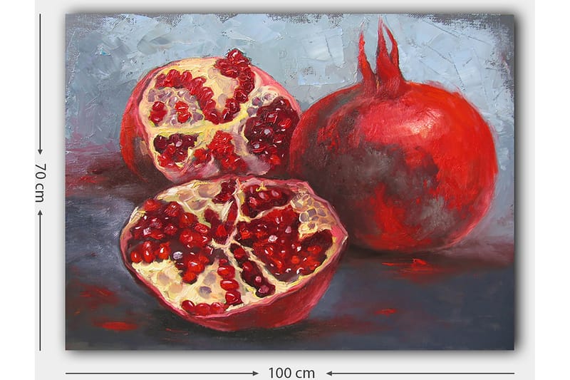 Lerretsbilde 70x100 cm - To granatepler, ett helt og ett delt, som viser de saftige frøene sine - Rød / Beige - Interiør - Maleri & posters - Lerretsbilder