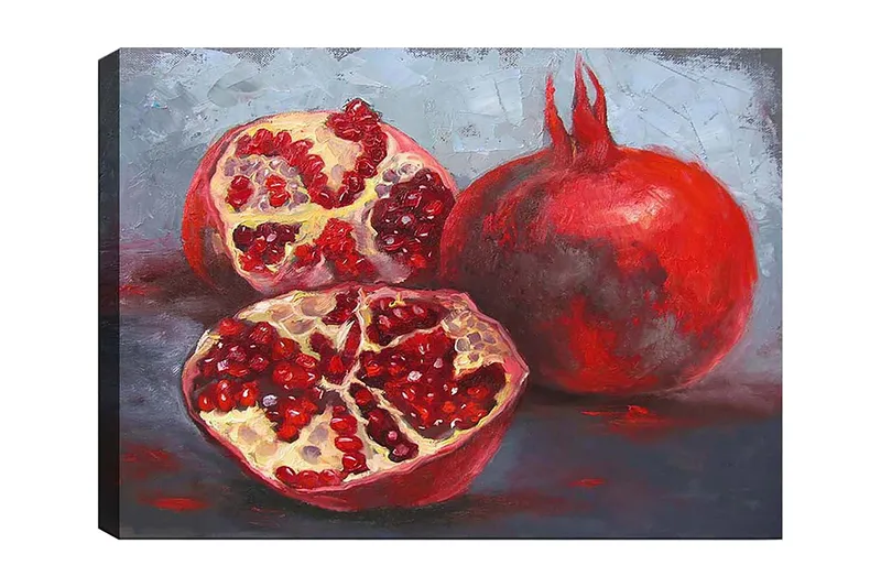 Lerretsbilde 70x100 cm - To granatepler, ett helt og ett delt, som viser de saftige frøene sine, Rød / Beige