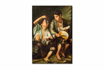 Lerretsbilde 70x100 cm - To gutter som deler et måltid med frukt og ost - Grønn / Brun / Beige - Interiør - Maleri & posters - Lerretsbilder