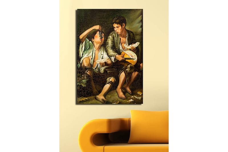 Lerretsbilde 70x100 cm - To gutter som deler et måltid med frukt og ost - Grønn / Brun / Beige - Interiør - Maleri & posters - Lerretsbilder