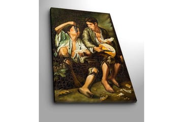 Lerretsbilde 70x100 cm - To gutter som deler et måltid med frukt og ost - Grønn / Brun / Beige - Interiør - Maleri & posters - Lerretsbilder