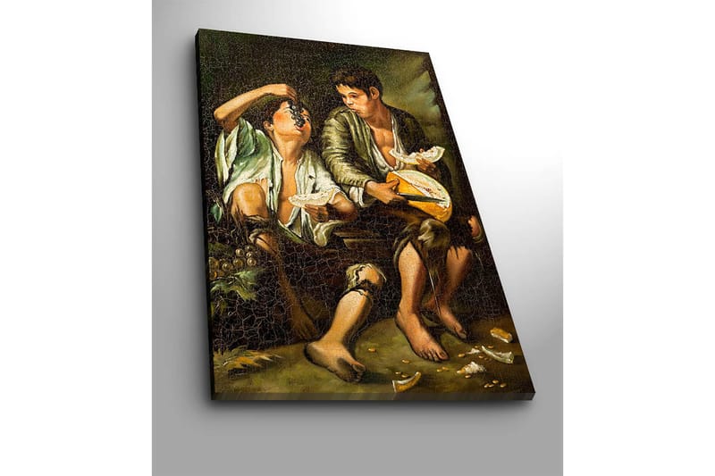 Lerretsbilde 70x100 cm - To gutter som deler et måltid med frukt og ost - Grønn / Brun / Beige - Interiør - Maleri & posters - Lerretsbilder