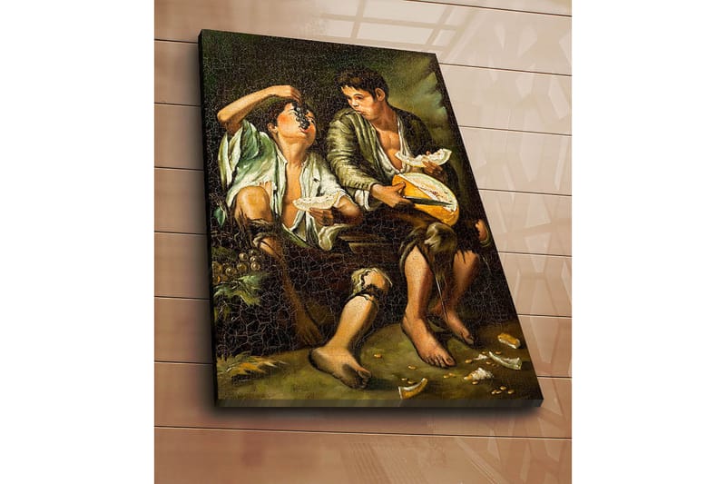 Lerretsbilde 70x100 cm - To gutter som deler et måltid med frukt og ost - Grønn / Brun / Beige - Interiør - Maleri & posters - Lerretsbilder