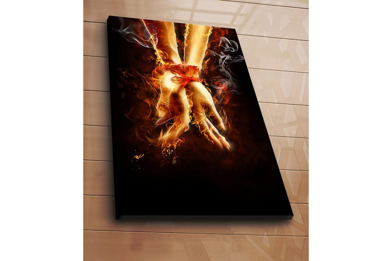 Lerretsbilde 70x100 cm - To hender bundet sammen med et rødt bånd, omgitt av ild og røyk - Oransje / Rød / Beige - Interiør - Maleri & posters - Lerretsbilder
