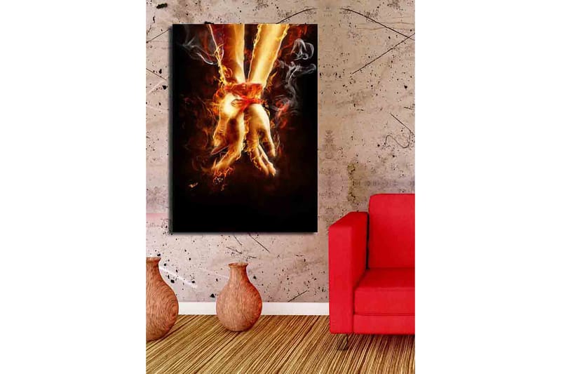 Lerretsbilde 70x100 cm - To hender bundet sammen med et rødt bånd, omgitt av ild og røyk - Oransje / Rød / Beige - Interiør - Maleri & posters - Lerretsbilder