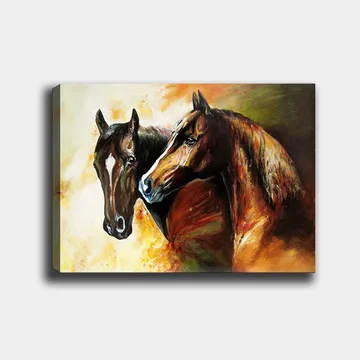Lerretsbilde 70x100 cm - To hester som står tett inntil hverandre, fanget i en dynamisk og levende komposisjon - Mørk brun / Lys brun / Oransje - Interiør - Maleri & posters - Lerretsbilder