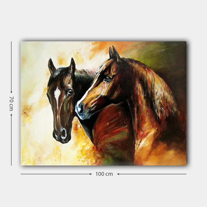 Lerretsbilde 70x100 cm - To hester som står tett inntil hverandre, fanget i en dynamisk og levende komposisjon - Mørk brun / Lys brun / Oransje - Interiør - Maleri & posters - Lerretsbilder