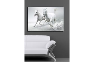 Lerretsbilde 70x100 cm - To hvite hester galopperer fremover i en dynamisk bevegelse - Hvit / Grå - Interiør - Maleri & posters - Lerretsbilder