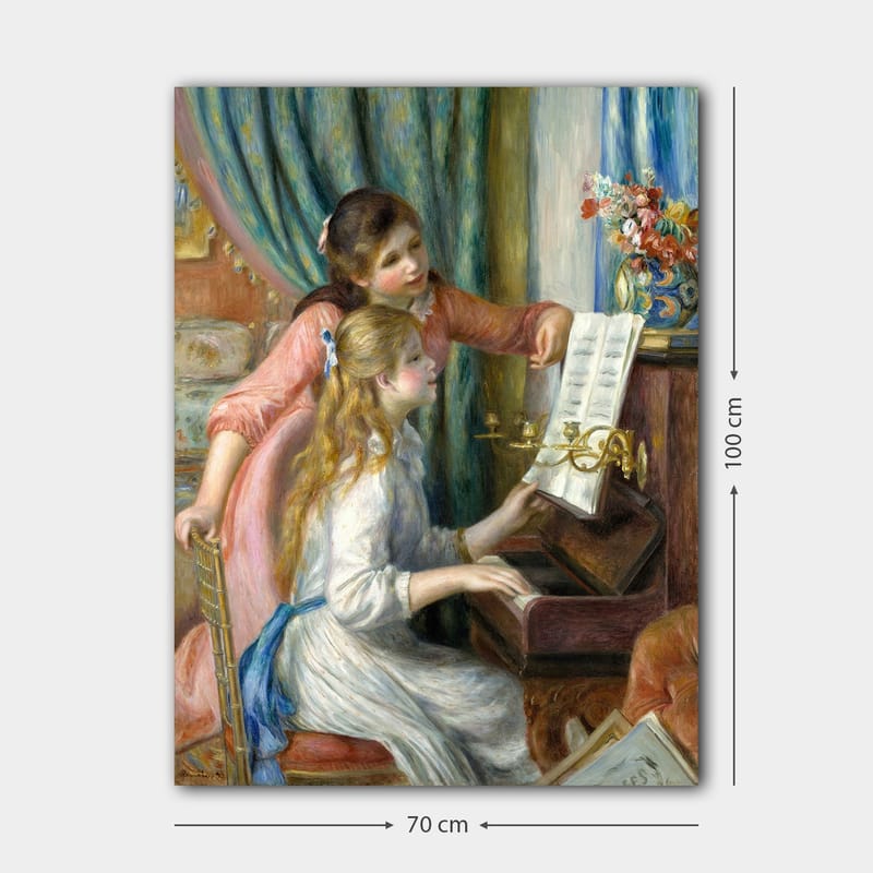 Lerretsbilde 70x100 cm - To jenter som spiller piano sammen, en jente peker på notene - Rosa / Hvit / Blå - Interiør - Maleri & posters - Lerretsbilder