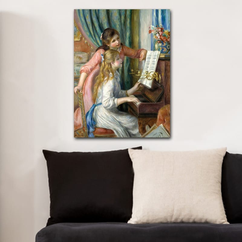 Lerretsbilde 70x100 cm - To jenter som spiller piano sammen, en jente peker på notene - Rosa / Hvit / Blå - Interiør - Maleri & posters - Lerretsbilder