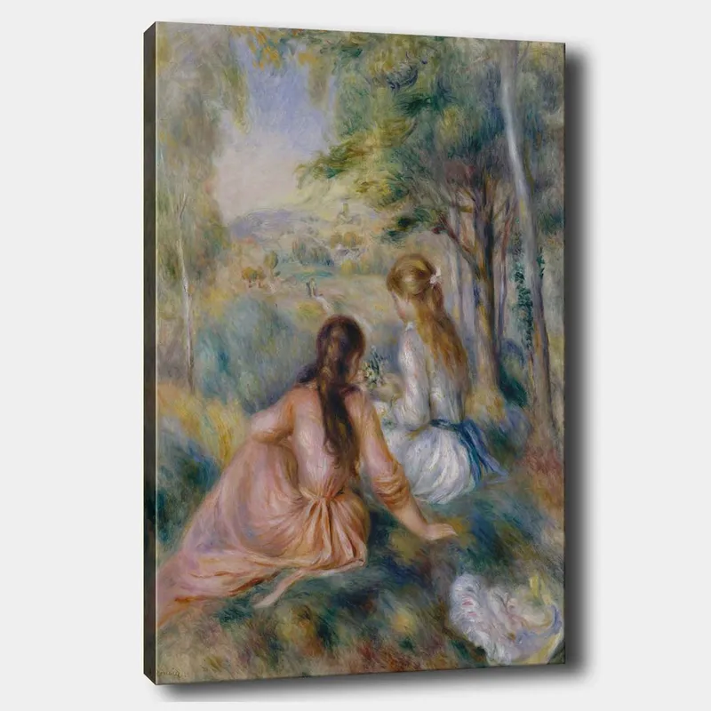 Lerretsbilde 70x100 cm - To kvinner som sitter i frodige omgivelser og plukker blomster, Rosa / Hvit / Grønn