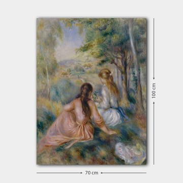 Lerretsbilde 70x100 cm - To kvinner som sitter i frodige omgivelser og plukker blomster - Rosa / Hvit / Grønn - Interiør - Maleri & posters - Lerretsbilder