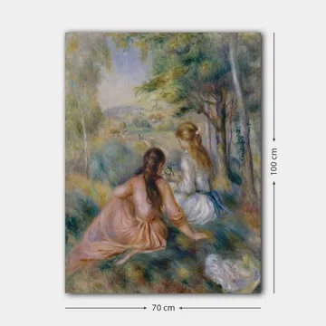 Lerretsbilde 70x100 cm - To kvinner som sitter i frodige omgivelser og plukker blomster - Rosa / Hvit / Grønn - Interiør - Maleri & posters - Lerretsbilder