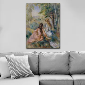 Lerretsbilde 70x100 cm - To kvinner som sitter i frodige omgivelser og plukker blomster - Rosa / Hvit / Grønn - Interiør - Maleri & posters - Lerretsbilder