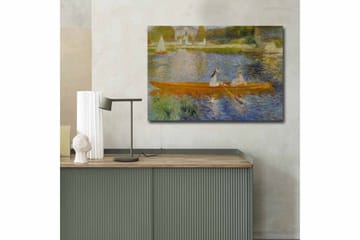 Lerretsbilde 70x100 cm - To kvinner padler i en båt på en speilblank innsjø - Oransje / Blå / Grønn - Interiør - Maleri & posters - Lerretsbilder